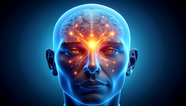 Glowing brain with neural network of vibrant orange energy exploding from forehead, representing cognitive thought process, intelligence and innovation, for conceptual ideas.