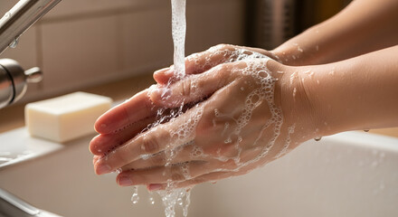Fototapeta premium Close up of a person washing their hands with soap under a running faucet