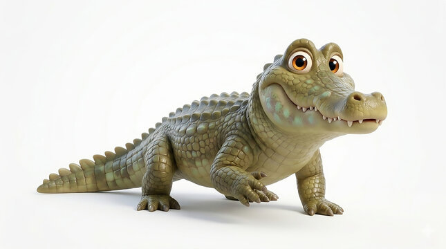 Cute 3D crocodile character smiling and walking isolated on white background, Adorable green alligator cartoon 3D render illustration, friendly reptile mascot, 3D digital art of a happy crocodile 