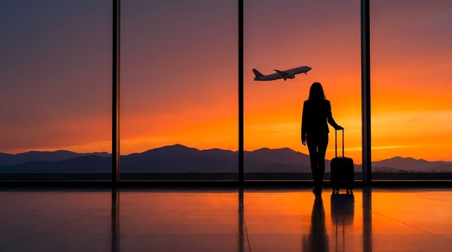 Traveler watching airplane take off at sunset airport terminal gate