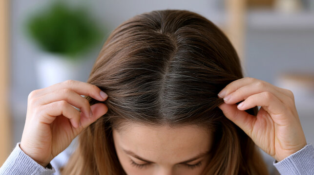 Close-up of fingers parting dark hair to show gray roots contrast with shallow depth of field