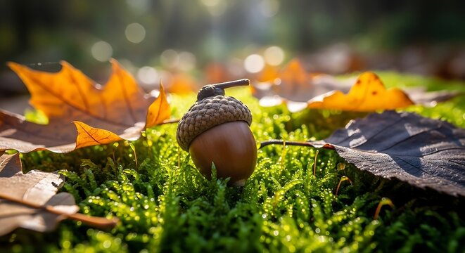 Close Up of Single Bellotas Acorn on Green Moss and Autumn Leaves
