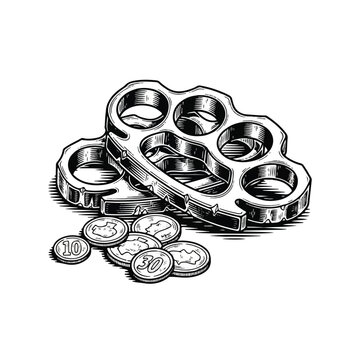 Brass knuckle duster with metal coins.