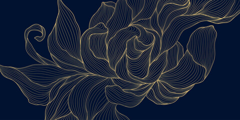 Fototapeta premium Luxury vector line art deco pattern, gold floral elegant leaves and botanical elements background. Japanese and Chinese ornament, Nouveau style, premium design for wallpapers, wedding, spa.