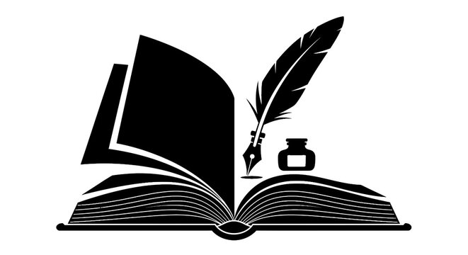 Open Book with Quill Pen Writing.
