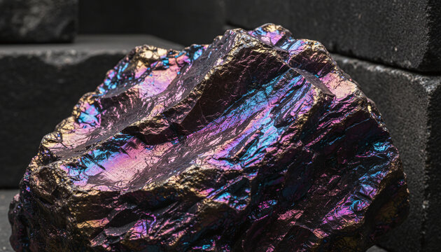 Iridescent anthracite peacock coal texture with magenta and blue metallic reflection