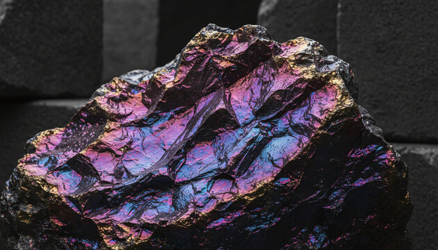 Iridescent anthracite peacock coal texture with magenta and blue metallic reflection