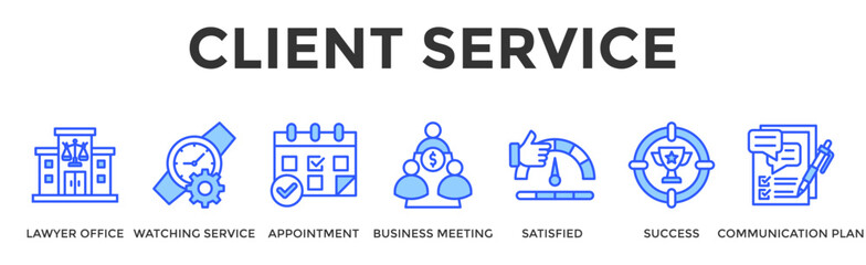 Client Service  Banner Web  Icon Set Collection Pack Vector Illustration Concept Containing Lawyer Office, Watching Service, Appointment, Business Meeting, Satisfied, Success, Communication Plan © Kholifah rokhman