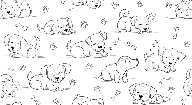 Cute Puppy Dog Seamless Pattern, Sleeping and Playing, Adorable Pet Illustration