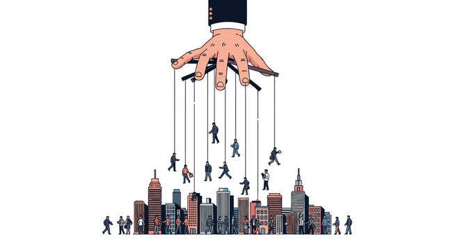 Hand controlling puppets on strings downtown.