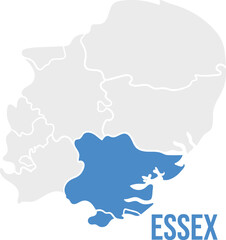 Fototapeta premium Essex county highlighted in East of England region map, simplified flat design, blue and grey isolated design, labeled