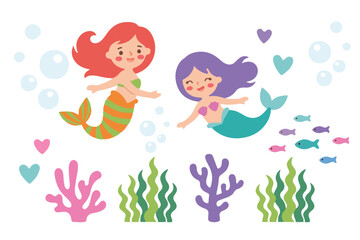 Fototapeta premium Cute mermaids swimming underwater with coral reef and sea plants flat vector illustration