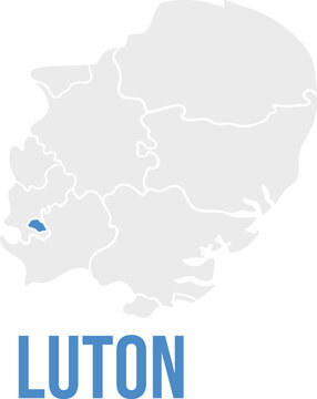 Luton unitary authority highlighted in East of England region map, simplified flat design, blue and grey isolated design, labeled