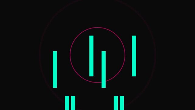 Animated audio equalizer bars moving rhythmically with a glowing neon circle on a black background. Ideal for music visuals, DJ sets, podcasts, sound design and digital media content.