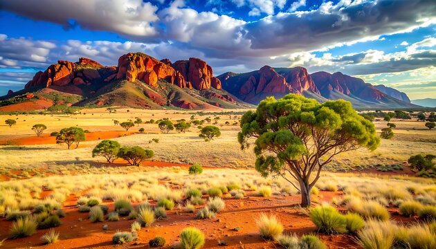 Vast Australian outback landscape at sunset with rugged red rock formations, scattered acacia trees and golden dry grass under a dramatic cloudy sky