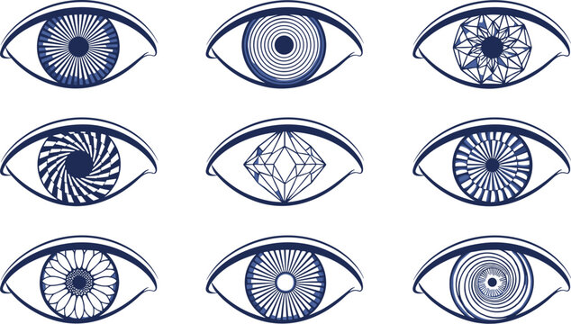 Eye icon collection, geometric abstract vision symbol artwork design, perception motif concept, creativity theme style, flat vector illustration