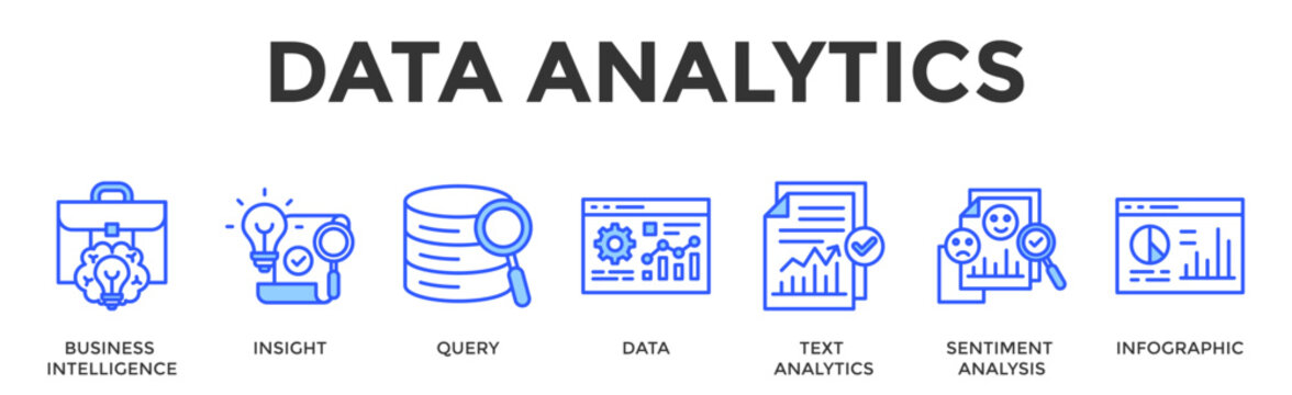 Data Analytics  Banner Web  Icon Set Collection Pack Vector Illustration Concept Containing Business Intelligence, Insight, Query, Data, Text Analytics, Sentiment Analysis, Infographic