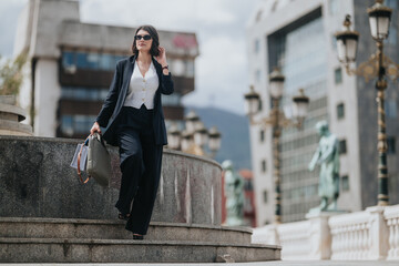 Fototapeta premium A professional businesswoman walks down stone steps in an urban setting carrying a tote bag. She wears a tailored suit and sunglasses for a confident, on-the-go city look.