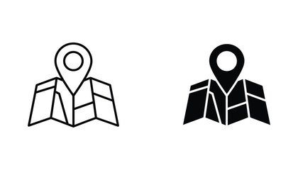 Map location pin icon in solid black and outline styles for navigation and geographic positioning design elements © Mark