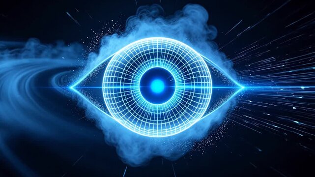 Futuristic digital eye with blue glowing iris and geometric wireframe mesh structure