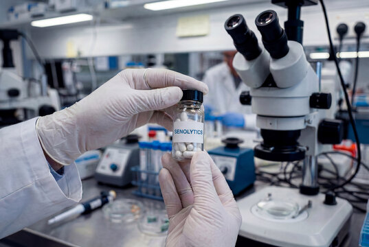 A scientist in white gloves holding a glass bottle filled with white capsules labeled senolytics in a modern laboratory setting with a microscope and scientific equipment in the background