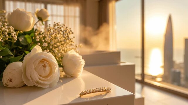 Soft golden light bathes white roses and delicate blooms. Ring rests beside the flowers on a smooth surface. City skyline glows softly through large windows behind