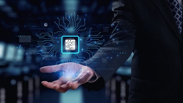 A business professional showcases a glowing microchip representing advanced technology within a dark data center. This visual symbolizes innovation and digital connectivity. Qubit