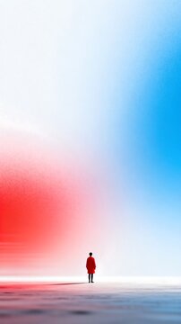 Lonely Figure in Red Coat Standing Between Dual Color Gradient Space