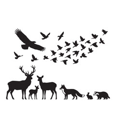 Fototapeta premium Wildlife forest animals and birds flying together in nature