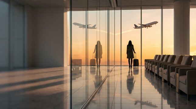 People walk towards departure gates at an airport during sunset with planes flying overhead
