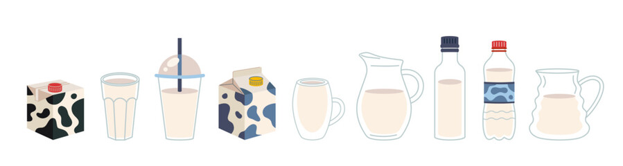 Set of milk containers like carton, bottle, glass and jug. Different dairy packaging and drinkware for beverage serving. Trendy modern vector illustration isolated on white, hand drawn, flat design