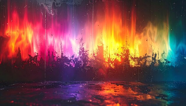 Radiant spectral light emanates from a dark, textured surface with subtle reflective elements and an ethereal atmosphere