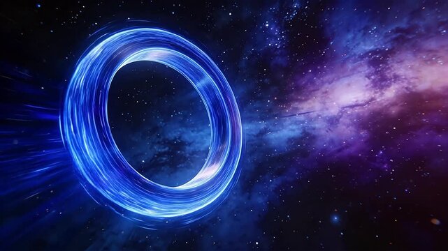 Sci-fi space portal with glowing blue rings in starry deep universe