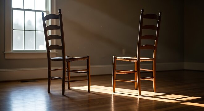"Two wooden ladder-back chairs standing in an empty room with strong sunlight streaming through a window, casting long dramatic shadows on polished wooden floor, serene and minimalist"