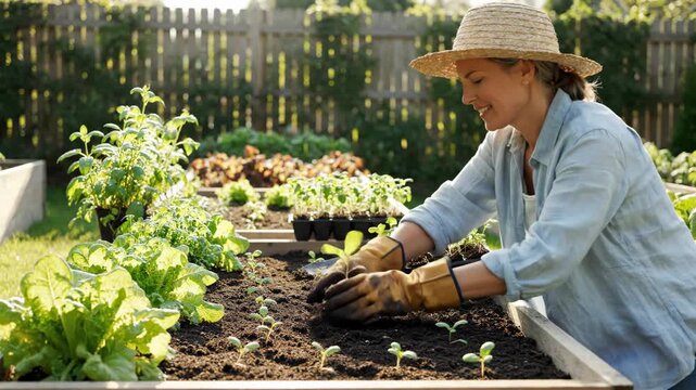 Woman planting seedlings in a raised garden bed on a sunny day