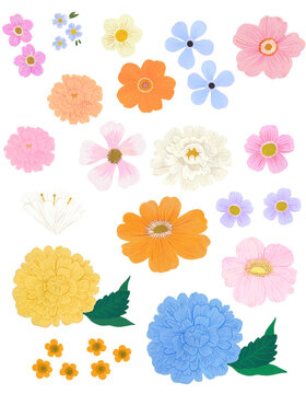 Collection of hand painted florals, pink, blue, yellow small petite flower icons