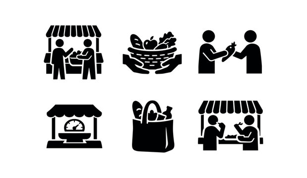 Farmers market and grocery icon set. market stall, produce basket, vendor exchange, weighing scale, shopping bag, cashier. line and flat vector illustration.