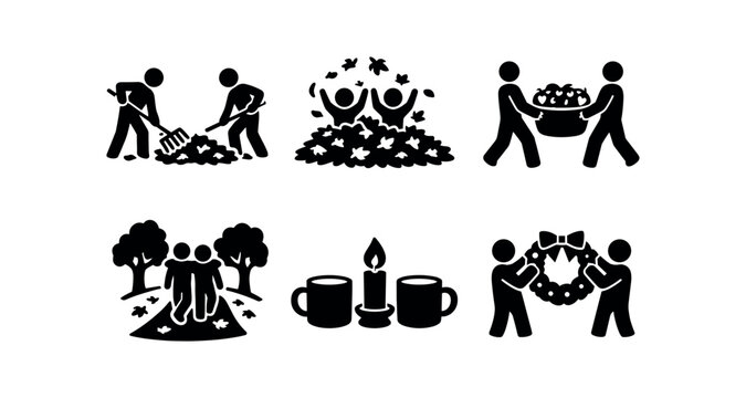 Autumn family and fall festival icon set. raking leaves, leaf pile play, pumpkin carrying, park walk, warm drinks with candle, wreath exchange. flat vector icon set.