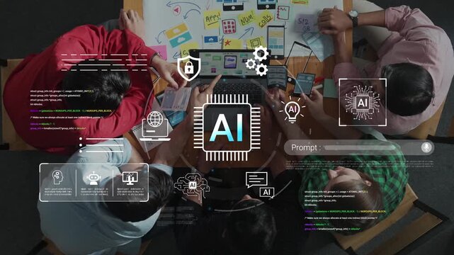 Team Collaborating on AI Development with Colorful Post-It Notes and Digital Graphics Displaying Concepts of Artificial Intelligence and Technology Gluon.