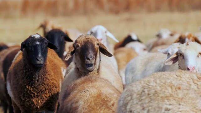 Curious sheep and rams looking toward camera within dense flock, close interaction moment in livestock herd showing animal expressions in dry pasture rural farming environment