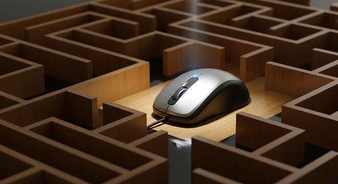 "Computer mouse trapped in the center of a complex wooden maze, dramatic spotlight lighting from above, problem-solving and navigation concept, realistic details"
