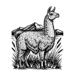 Fototapeta premium Llama standing in grassy field looking right.