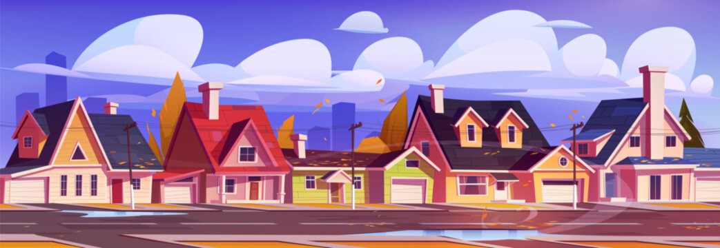 Suburban street with cottage houses at autumn day