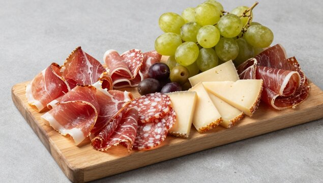 A wooden board displays an elegant arrangement of cured meats, cheeses, and fresh grapes, ideal for a gourmet appetizer or charcuterie presentation.