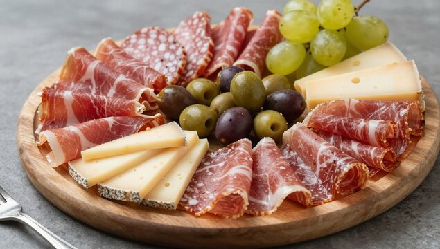 A beautifully arranged charcuterie board featuring cured meats, cheese, olives, and grapes on a wooden platter.