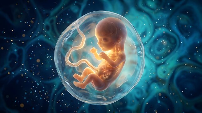 Human fetus inside the womb with glowing biological background.