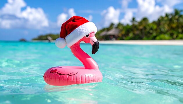 Pink flamingo pool float wearing Santa hat on turquoise ocean, tropical beach and palms blurred background