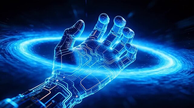 Robotic hand with blue glowing circuit lines in dark technology scene