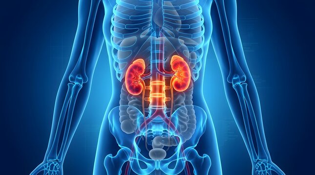 Anatomical illustration of the human kidneys and spine in a blue translucent body.