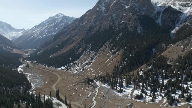 Drone footage of Barskoon Gorge mountain valley with winding river, conifer forest and snow patches on slopes, dramatic peaks in Issyk-Kul Region, Kyrgyzstan